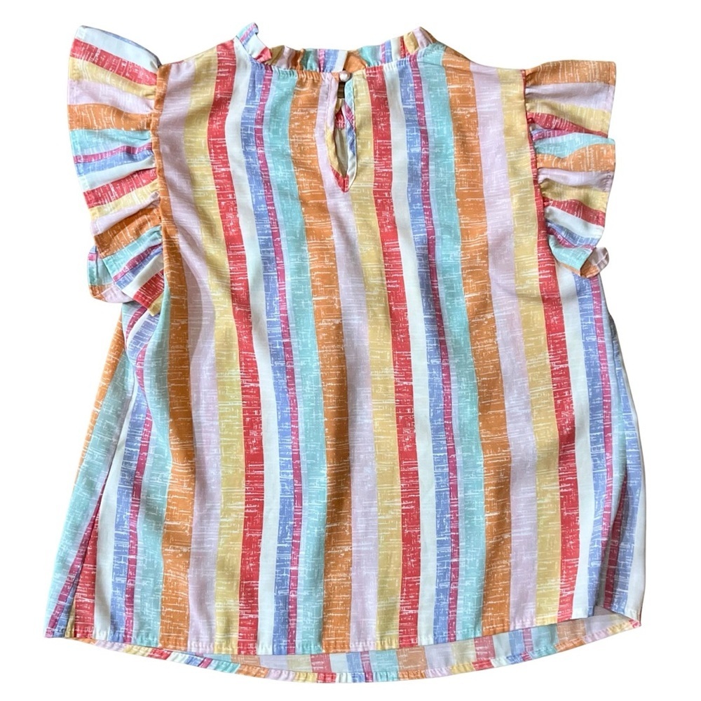 Boutique Rainbow Stripe Flutter Sleeve Babydoll Top Size Small - Picture 4 of 4
